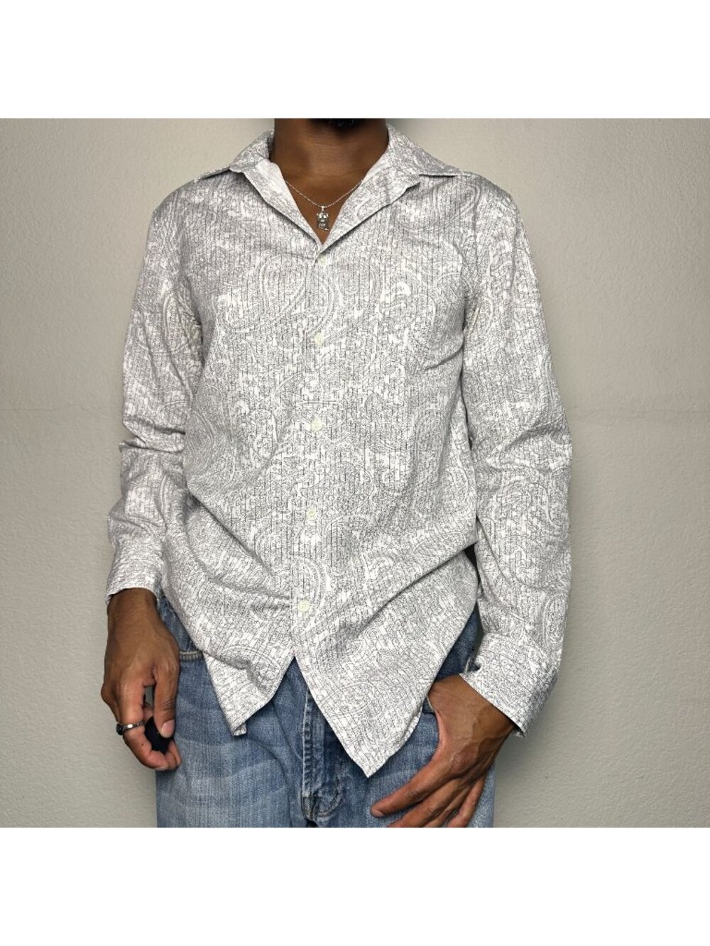 Express Button Up Casual Shirt Men S White Paisley Dress Abstract Striped Miami